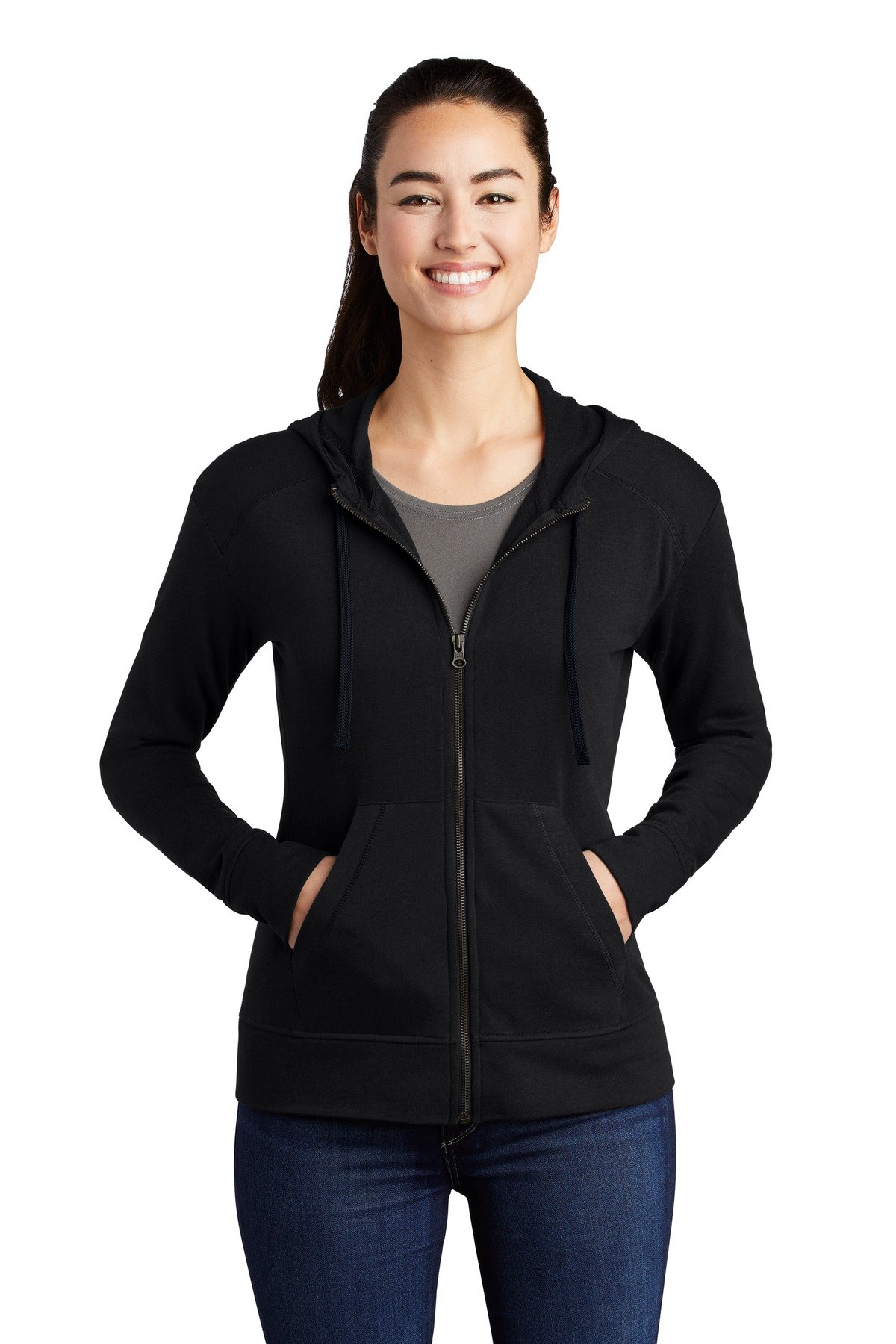 Front view of Ladies PosiCharge ® Tri-Blend Wicking Fleece Full-Zip Hooded Jacket