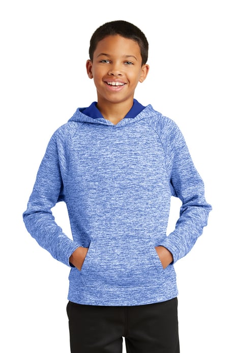 Front view of Youth PosiCharge® Electric Heather Fleece Hooded Pullover