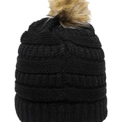 Back view of Cable Knit Faux Fur Pom