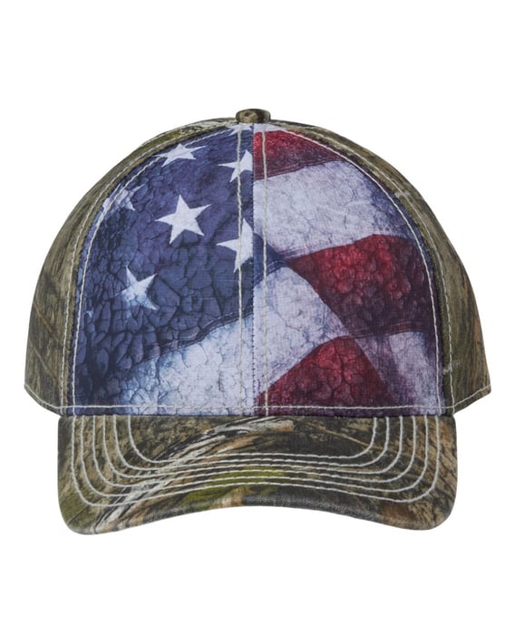 Front view of Camo With Flag Sublimated Front Panels Cap