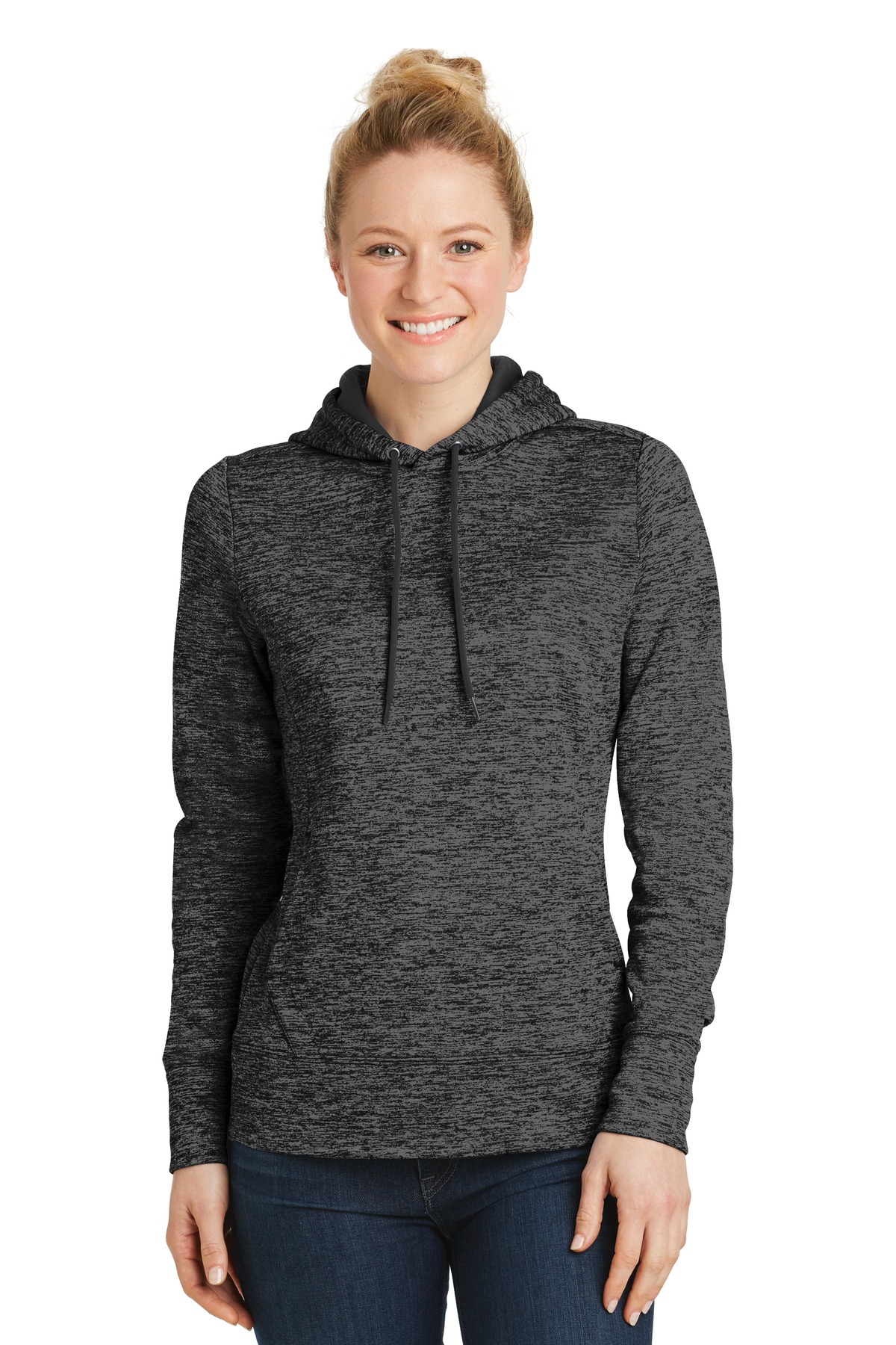 Front view of Ladies PosiCharge® Electric Heather Fleece Hooded Pullover