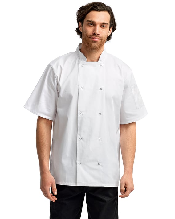 Front view of Unisex Studded Front Short-Sleeve Chef’s Jacket