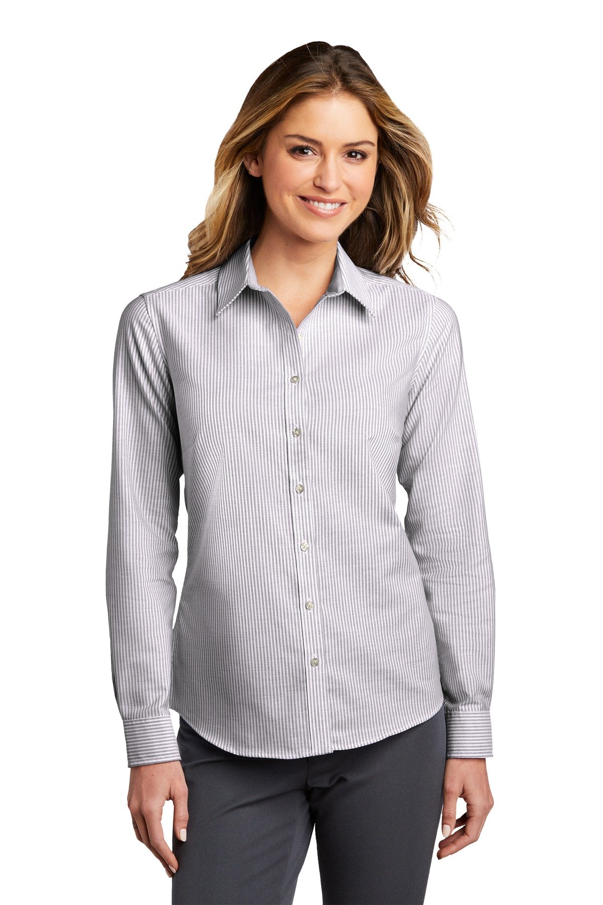 Front view of Ladies SuperPro Oxford Stripe Shirt