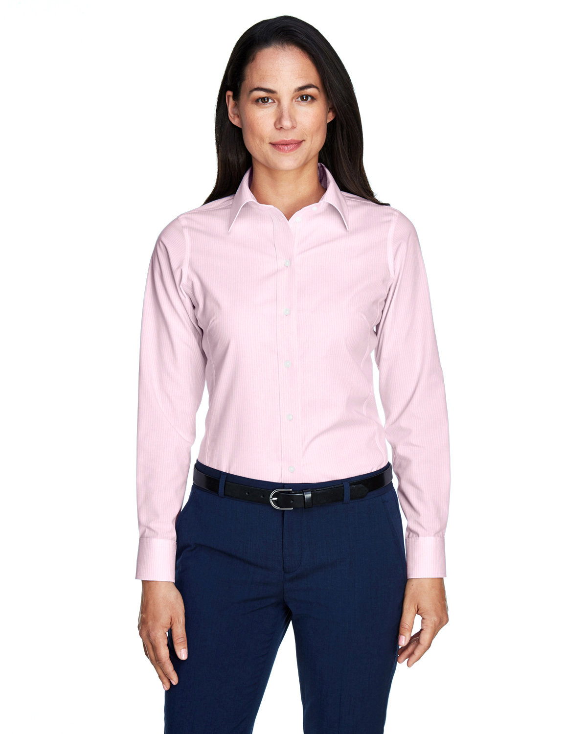 Front view of Ladies’ Crown Collection® Banker Stripe Woven Shirt
