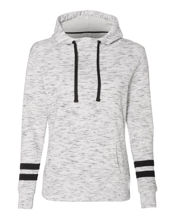 Front view of Women’s Mélange Fleece Striped-Sleeve Hooded Sweatshirt
