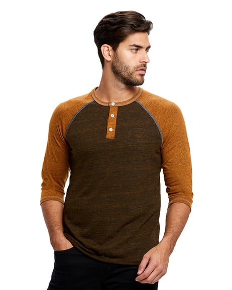 Front view of Unisex 5.2 Oz. 3/4-Sleeve Triblend Over-Dyed Raglan