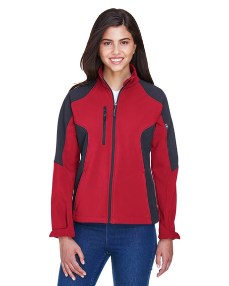 Front view of Ladies' Compass Colorblock Three-Layer Fleece Bonded Soft Shell Jacket