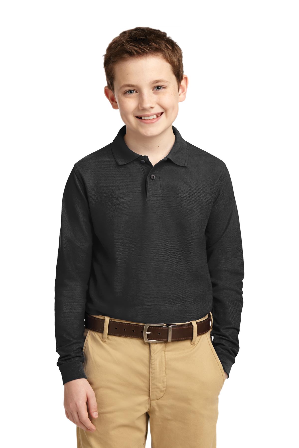 Front view of Youth Long Sleeve Silk Touch Polo