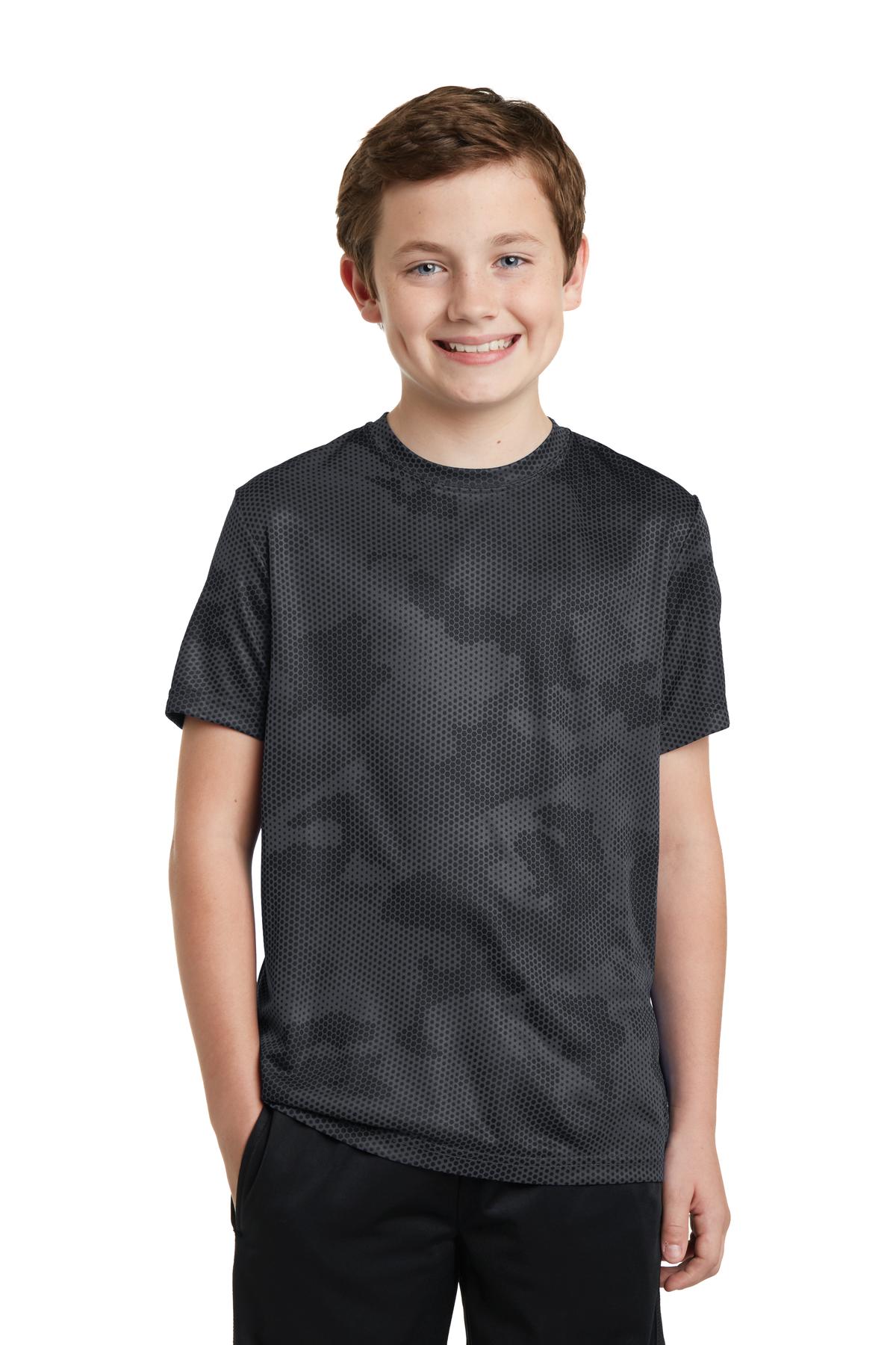 Front view of Youth CamoHex Tee