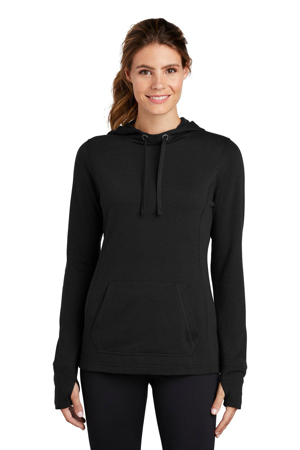 Front view of Women’s PosiCharge ® Tri-Blend Wicking Fleece Hooded Pullover