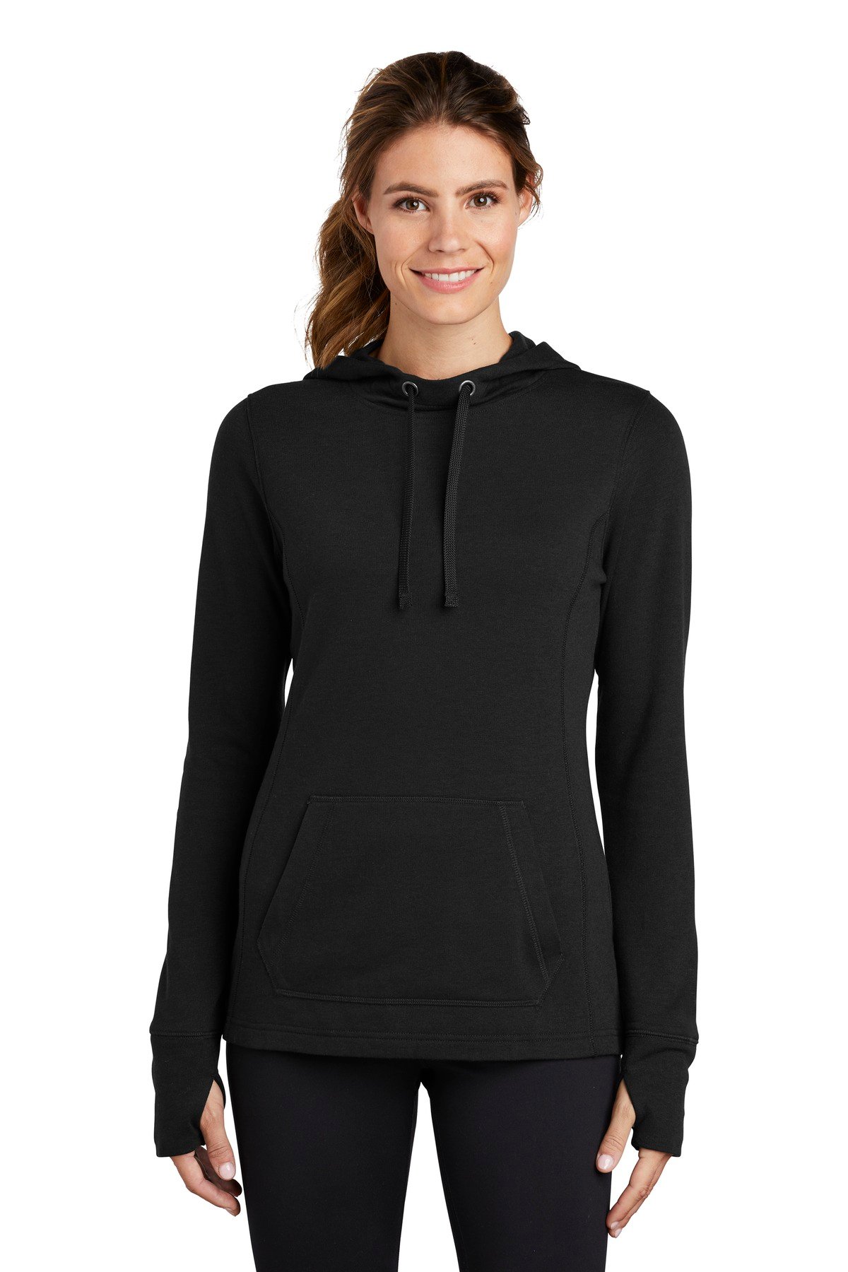 Front view of Ladies PosiCharge ® Tri-Blend Wicking Fleece Hooded Pullover