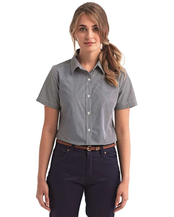 Front view of Women’s Microcheck Gingham Short Sleeve Cotton Dress Shirt