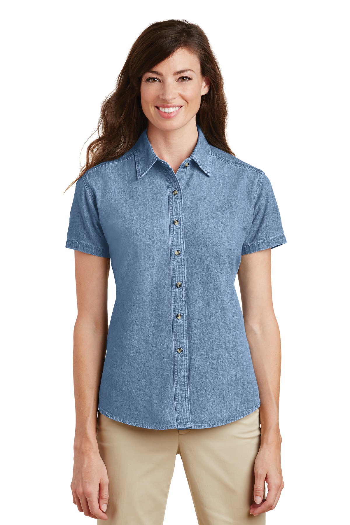 Front view of Ladies Short Sleeve Value Denim Shirt
