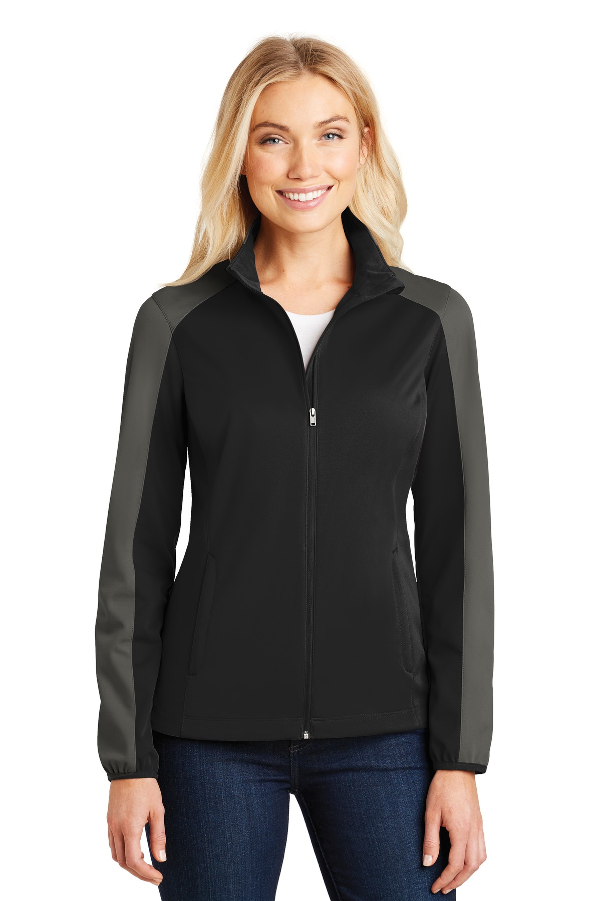 Front view of Ladies Active Colorblock Soft Shell Jacket