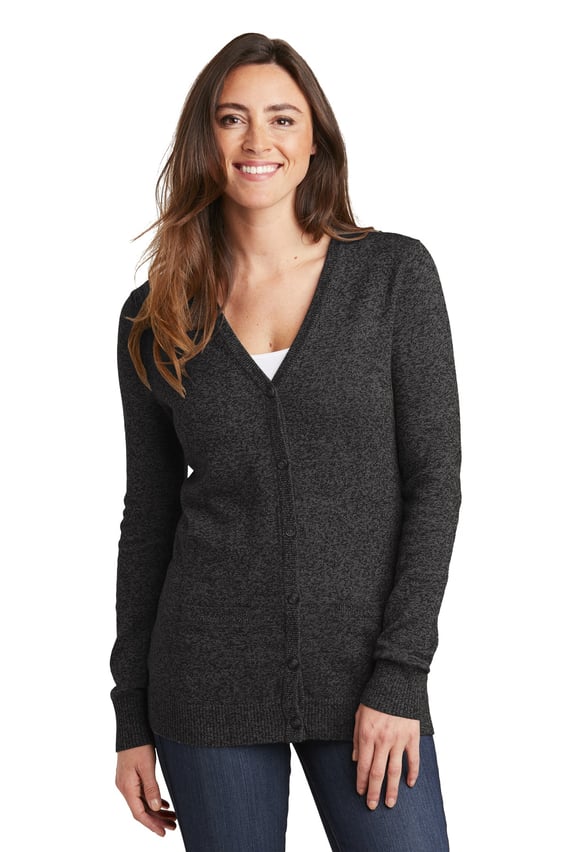 Front view of Ladies Marled Cardigan Sweater