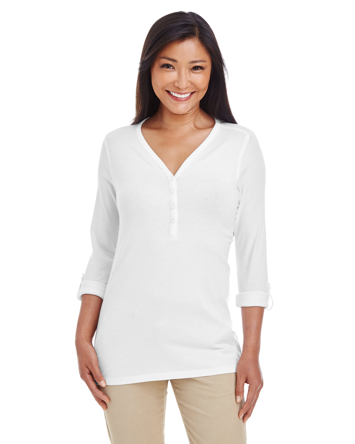 Front view of Ladies’ Perfect Fit™ Y-Placket Convertible Sleeve Knit Top