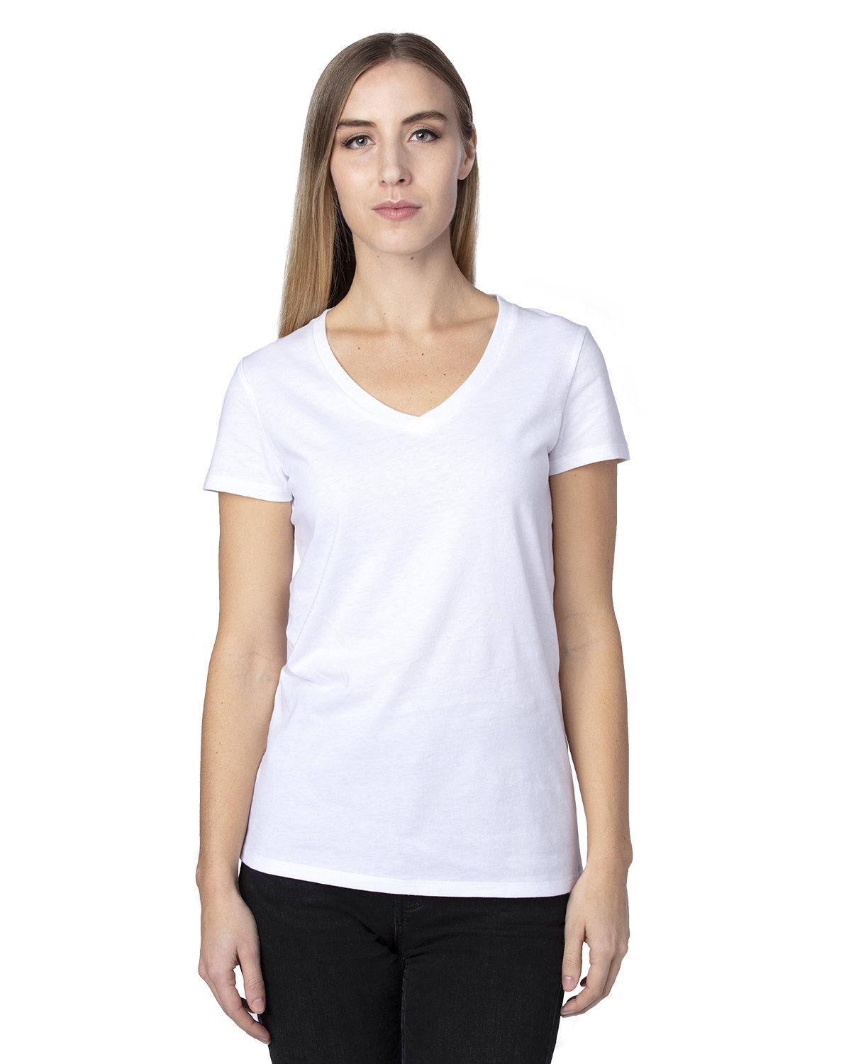 Front view of Ladies’ Ultimate CVC V-Neck T-Shirt