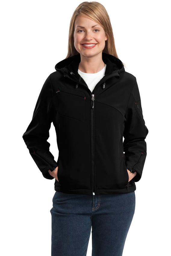 Front view of Ladies Textured Hooded Soft Shell Jacket