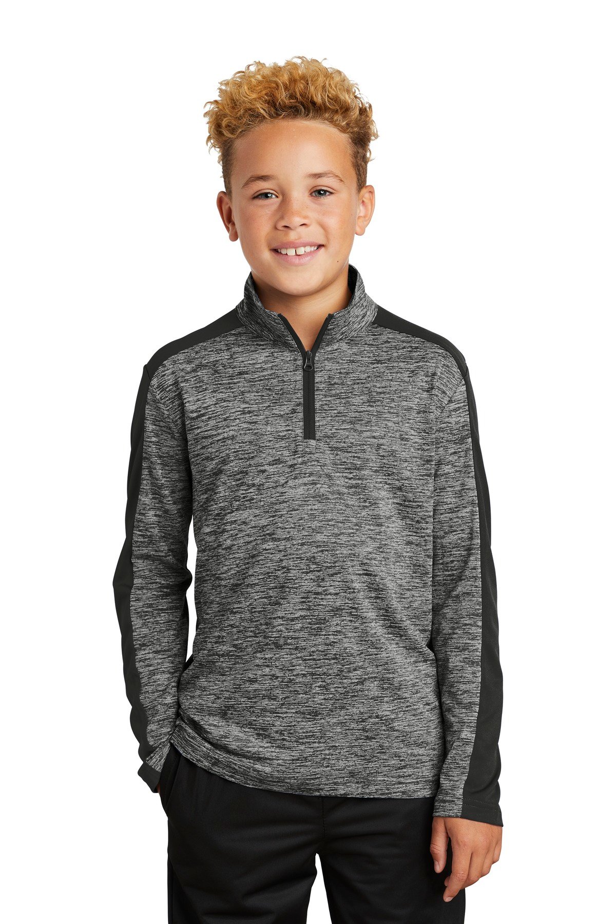 Front view of Youth PosiCharge ® Electric Heather Colorblock 1/4-Zip Pullover