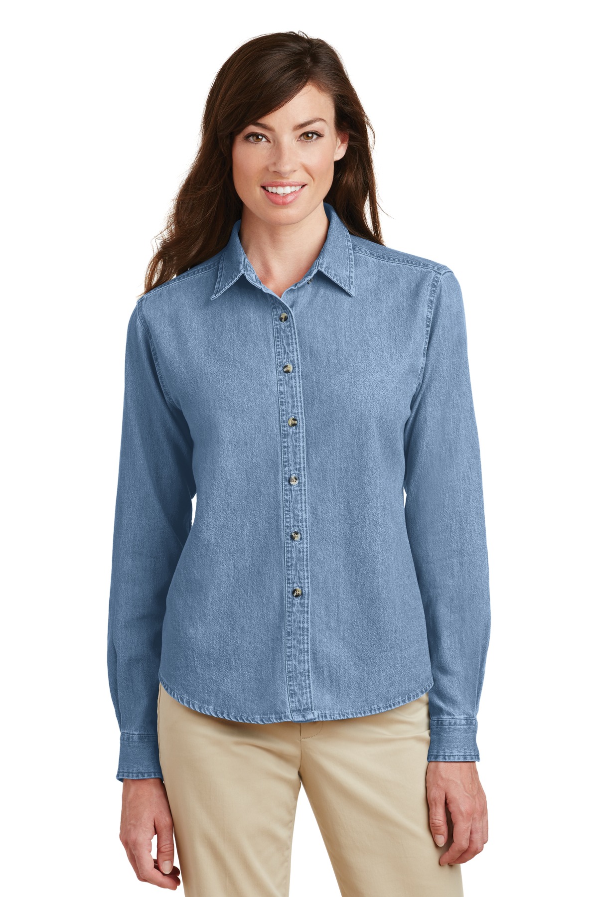 Front view of Women’s Long Sleeve Value Denim Shirt