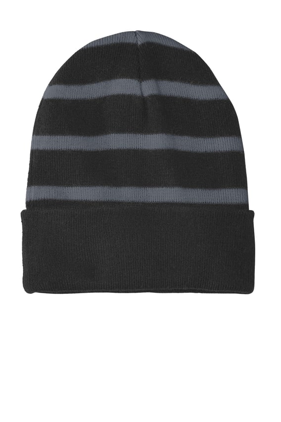 Front view of Striped Beanie With Solid Band