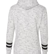 Back view of Women’s Mélange Fleece Striped-Sleeve Hooded Sweatshirt