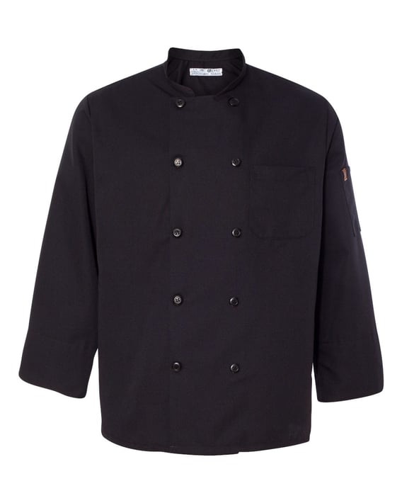 Front view of Ten Pearl Button Black Chef Coat