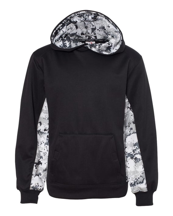 Front view of Youth Digital Camo Colorblock Performance Fleece Hooded Sweatshirt