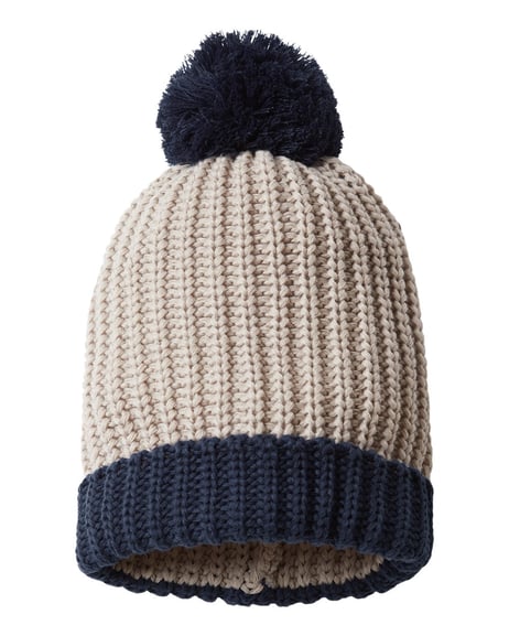 Front view of Chunky Cable With Cuff & Pom Beanie