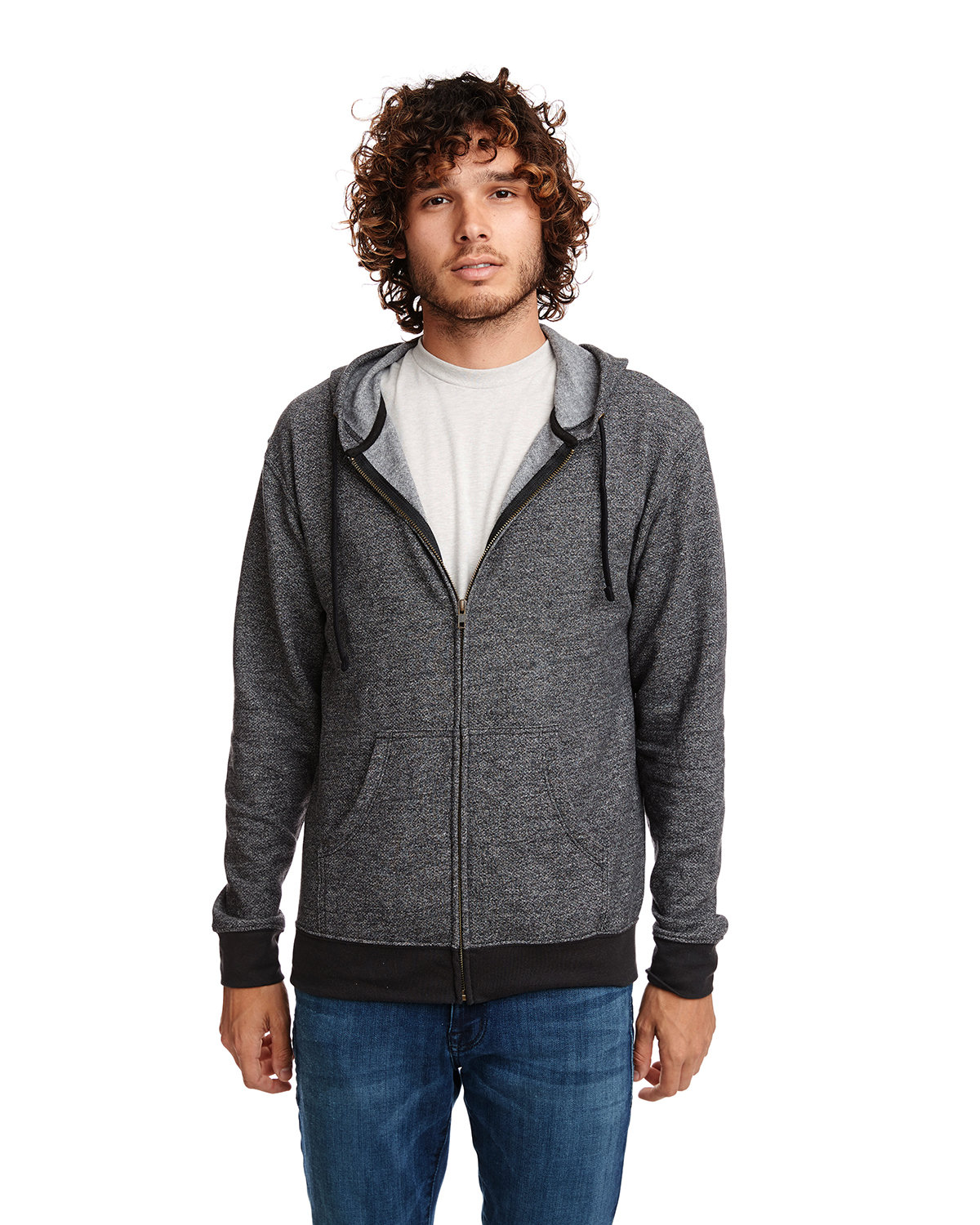 Front view of Adult Pacifica Denim Fleece Full-Zip Hooded Sweatshirt