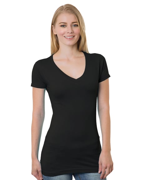 Frontview ofJuniors’ USA-Made V-Neck T-Shirt