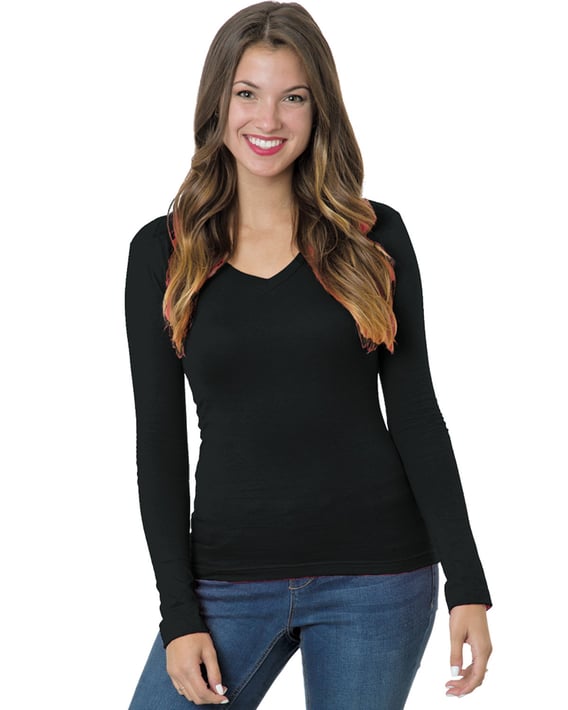 Front view of Women’s USA-Made Deep V-Neck Long Sleeve T-Shirt