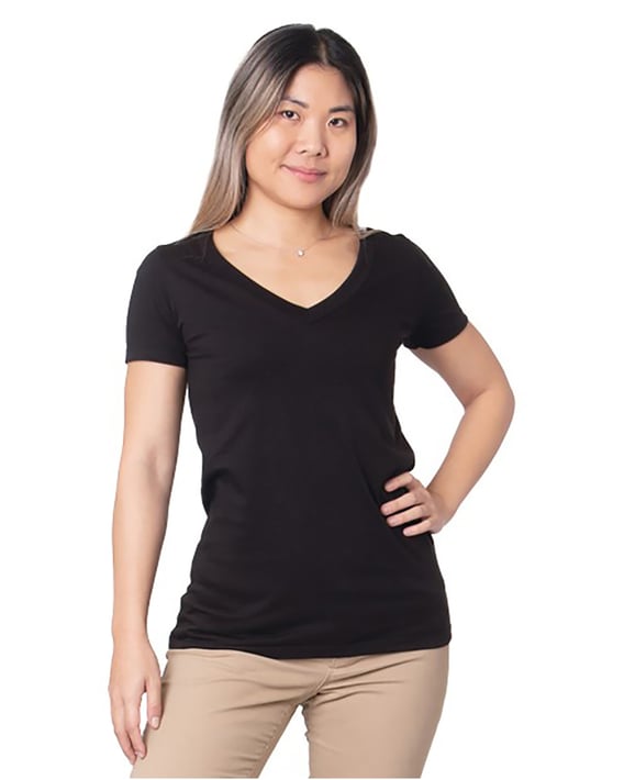 Front view of Women’s USA-Made Fine Jersey V-Neck T-Shirt