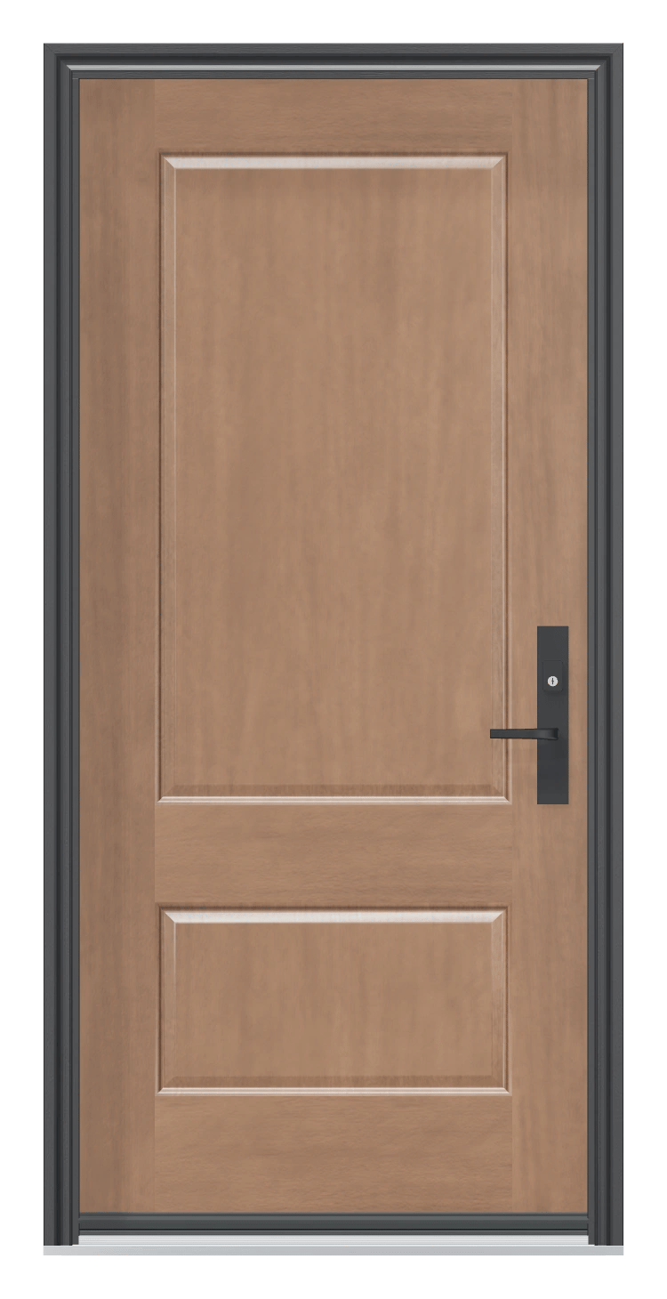 Configured Two Panel mahogany-grain fiberglass entry door with English Walnut finish, black frame and black Roma handle