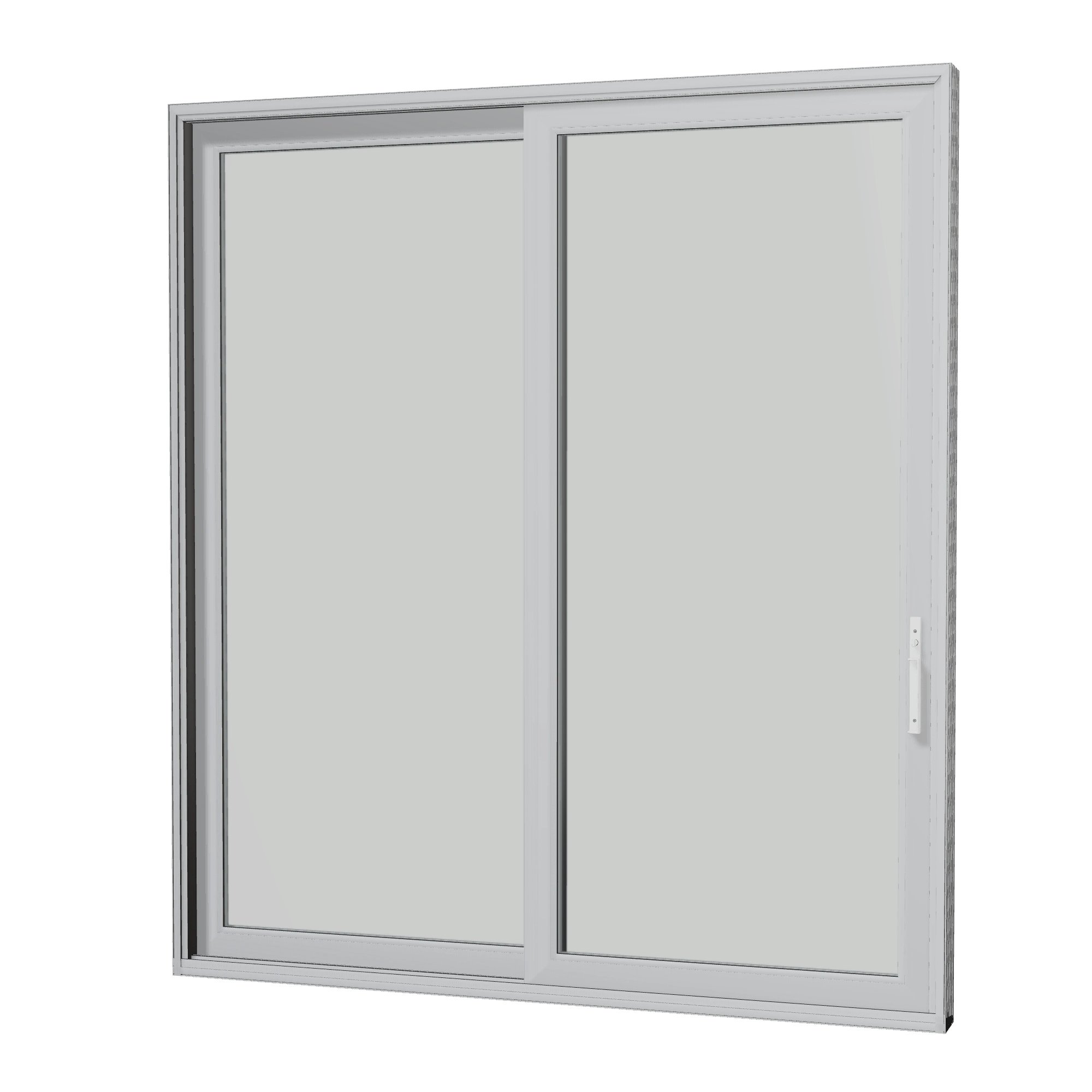 Angled interior view of Amalfi 95.5 × 107.25 inch 2-Panel LO Vinyl Sliding Patio Door — Black / White