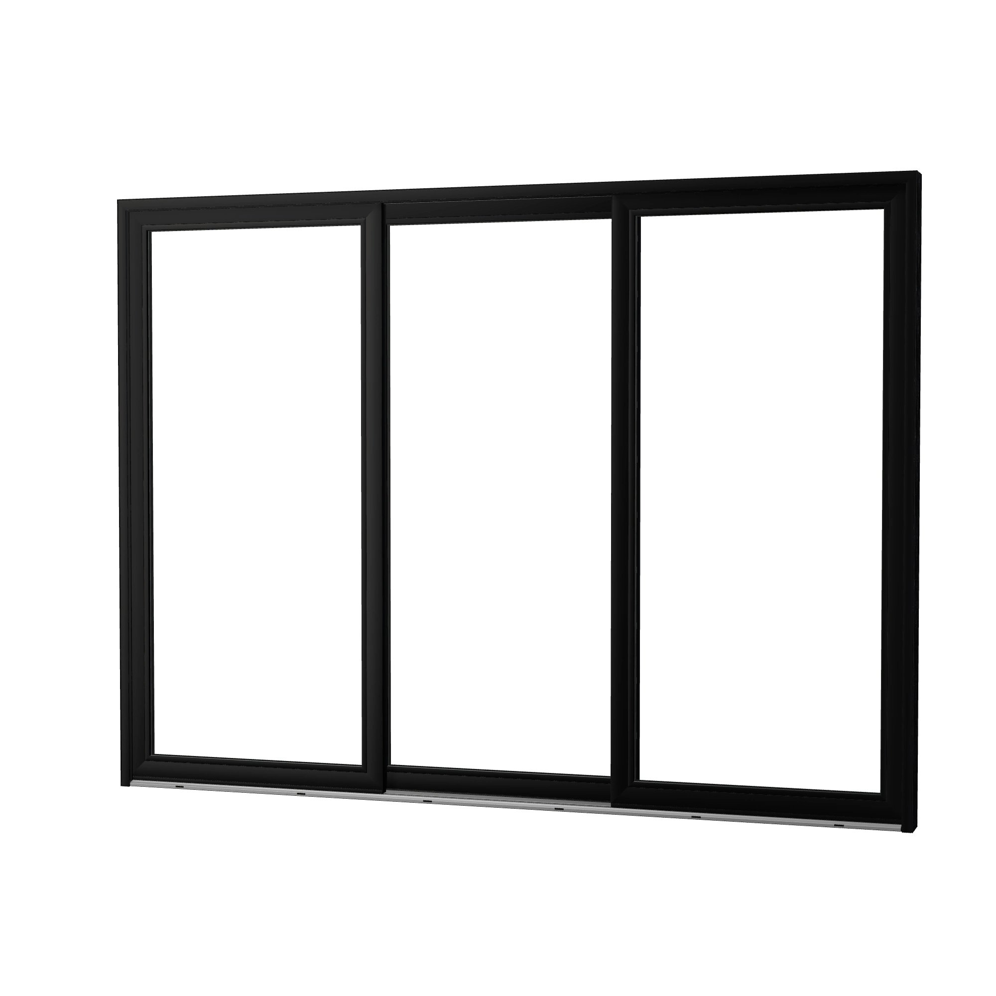 Angled exterior view of Amalfi 144 × 107.25 inch 3-Panel OLO Vinyl Sliding Patio Door — Black / White