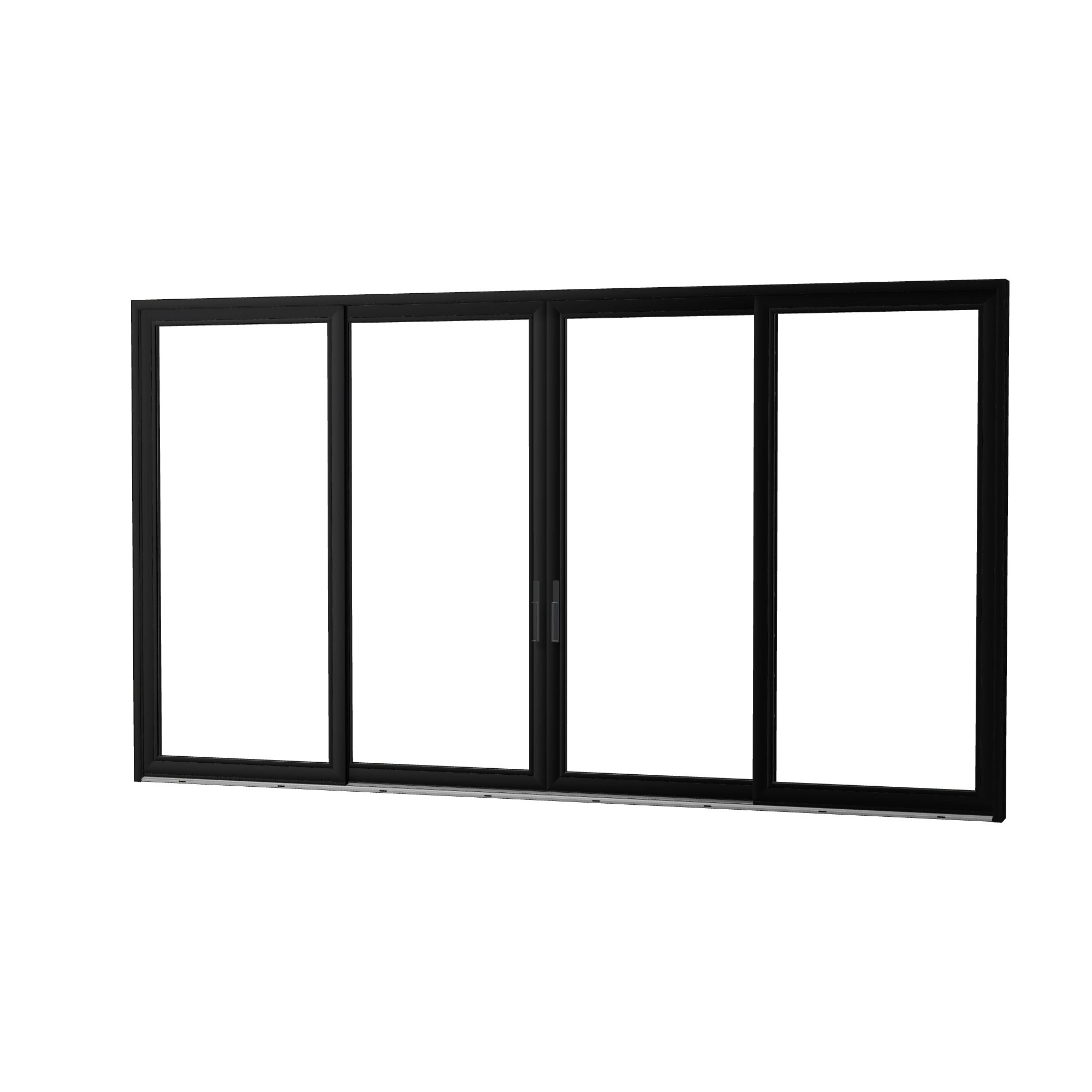 Angled exterior view of Amalfi 192 × 107.25 inch 4-Panel OLRO Vinyl Sliding Patio Door — Black / White
