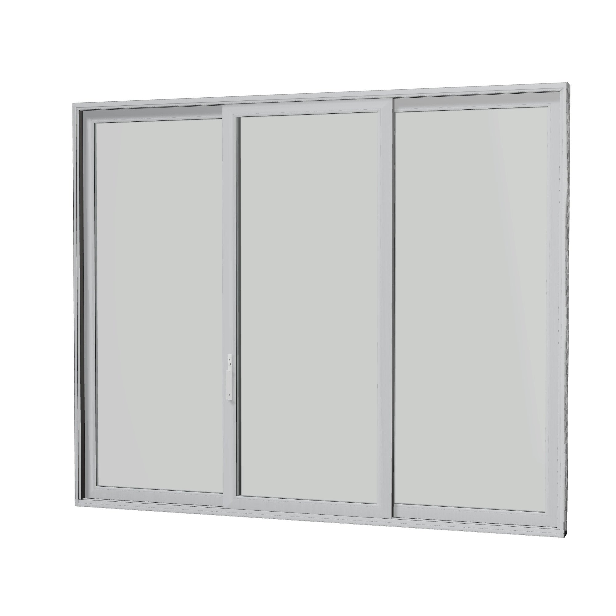 Angled interior view of Amalfi 144 × 119.25 inch 3-Panel ORO Vinyl Sliding Patio Door — Black / White
