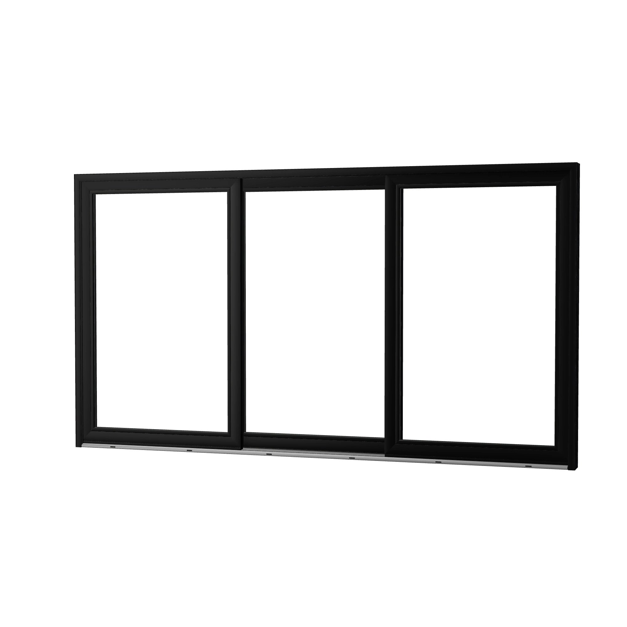 Angled exterior view of Amalfi 144 × 79.25 inch 3-Panel ORO Vinyl Sliding Patio Door — Black / White