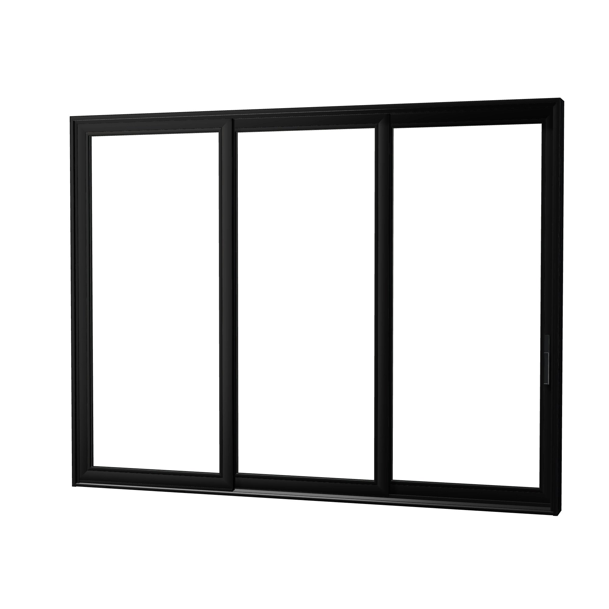 Angled exterior view of Aria 139.88 × 107.25 inch 3-Panel OXX Vinyl Sliding Patio Door — Black / White