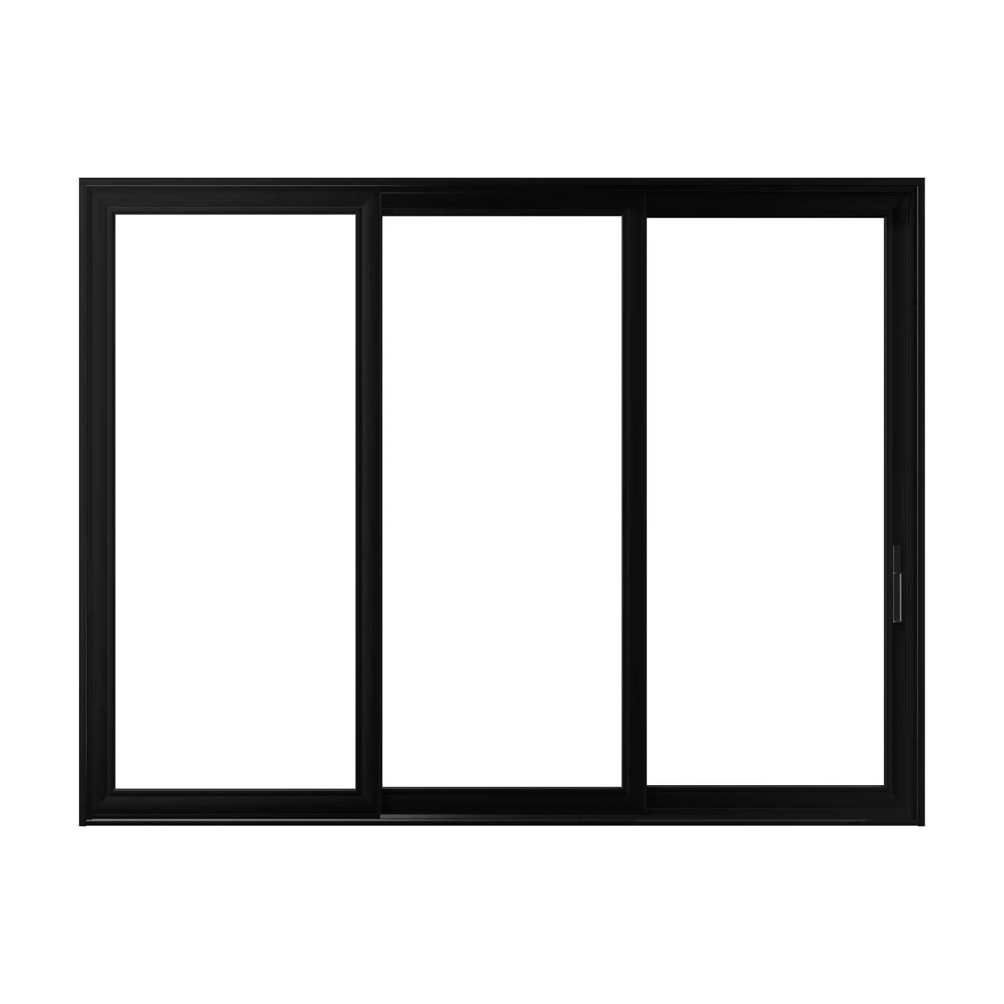 Straight exterior view of Aria 139.88 × 107.25 inch 3-Panel OXX Vinyl Sliding Patio Door — Black / White