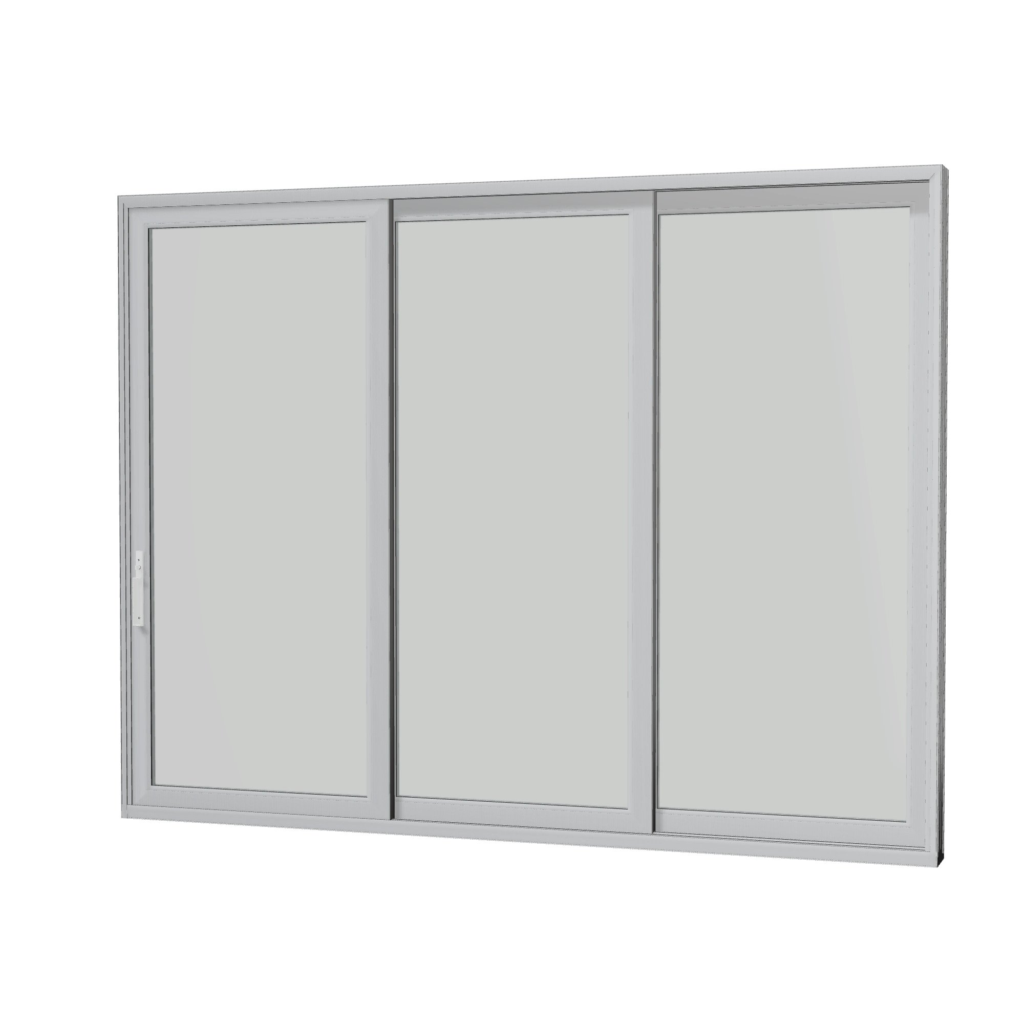Angled interior view of Aria 139.88 × 107.25 inch 3-Panel OXX Vinyl Sliding Patio Door — Black / White