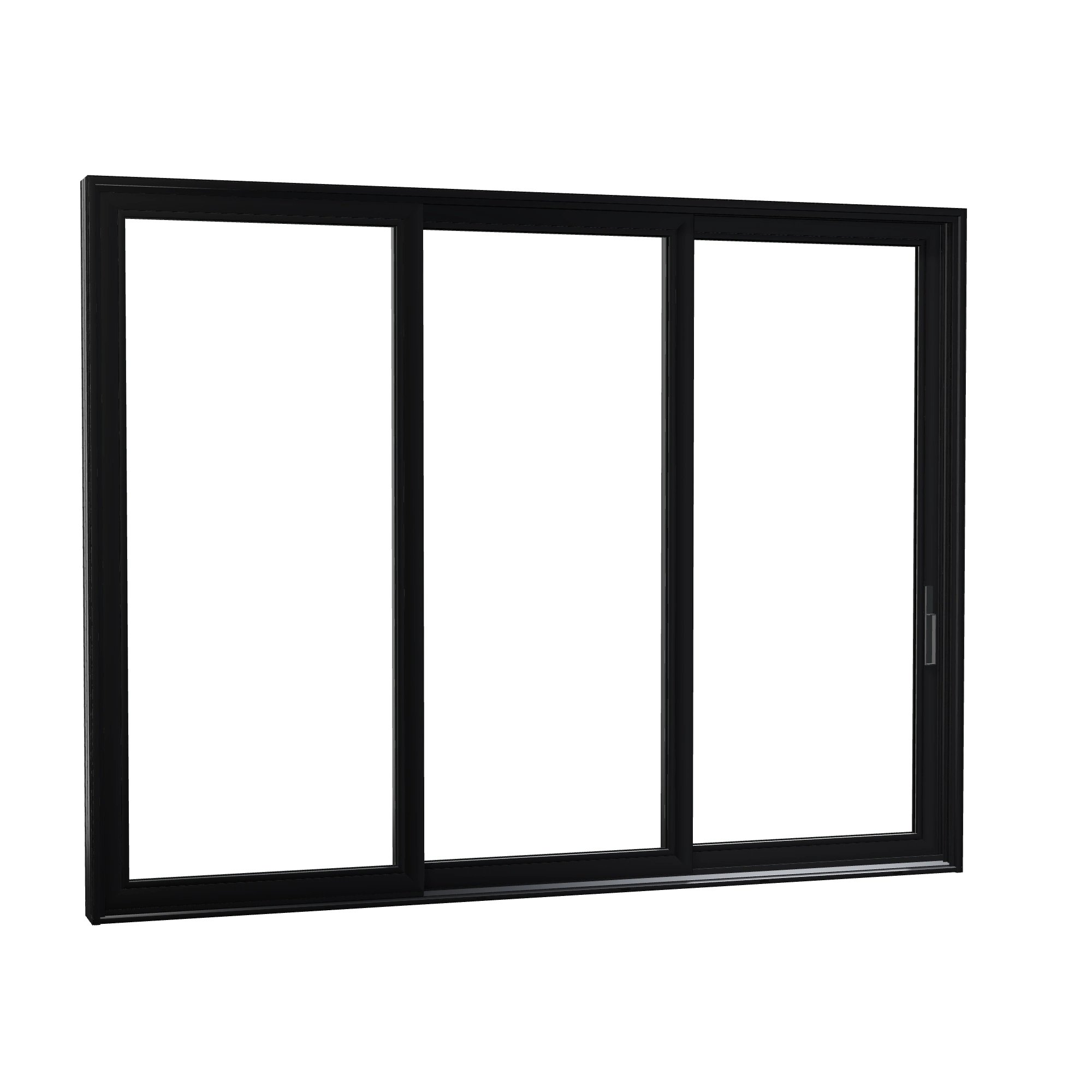 Opposite exterior angle of Aria 139.88 × 107.25 inch 3-Panel OXX Vinyl Sliding Patio Door — Black / White