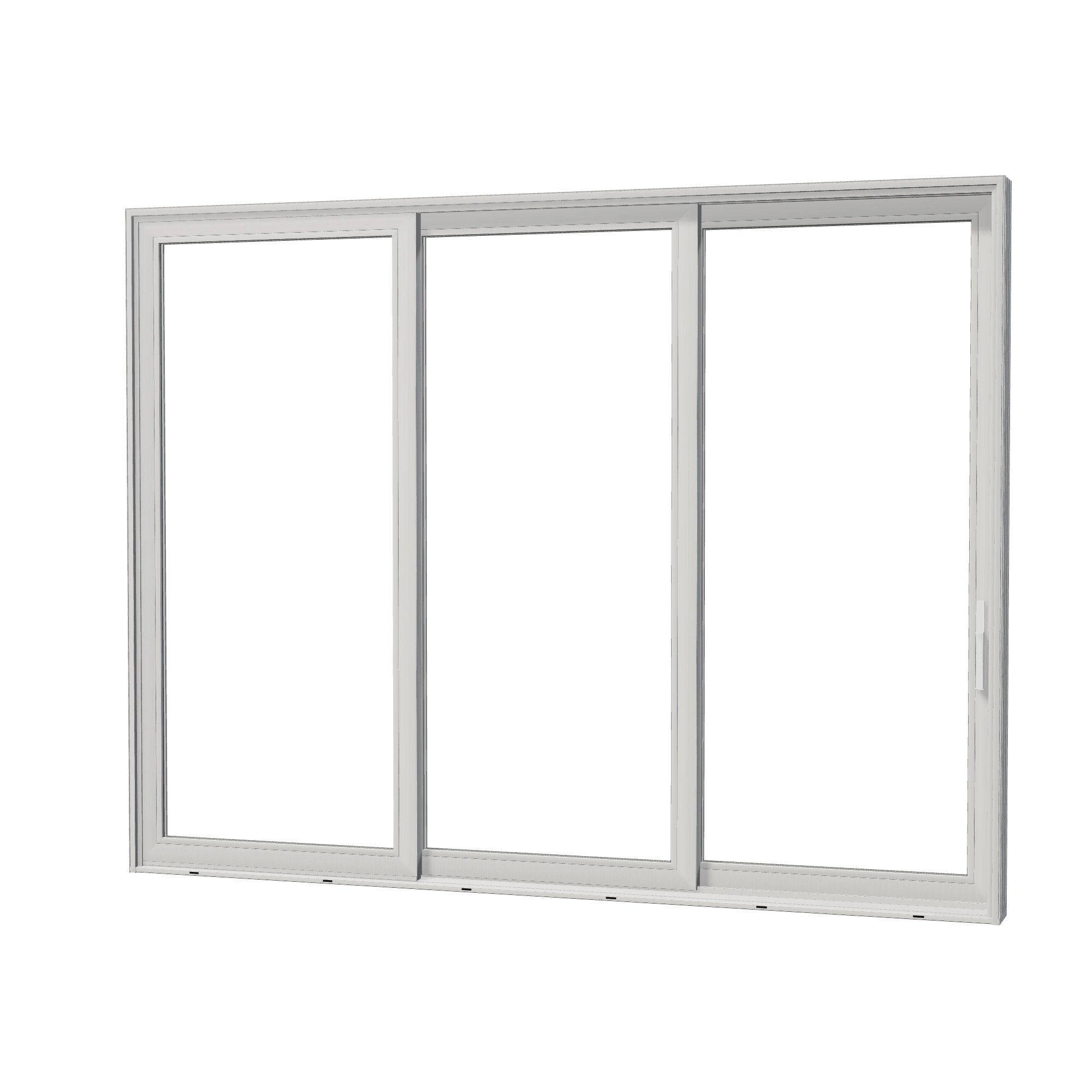Angled exterior view of Aria 139.88 × 107.25 inch 3-Panel OXX Vinyl Sliding Patio Door — White / White