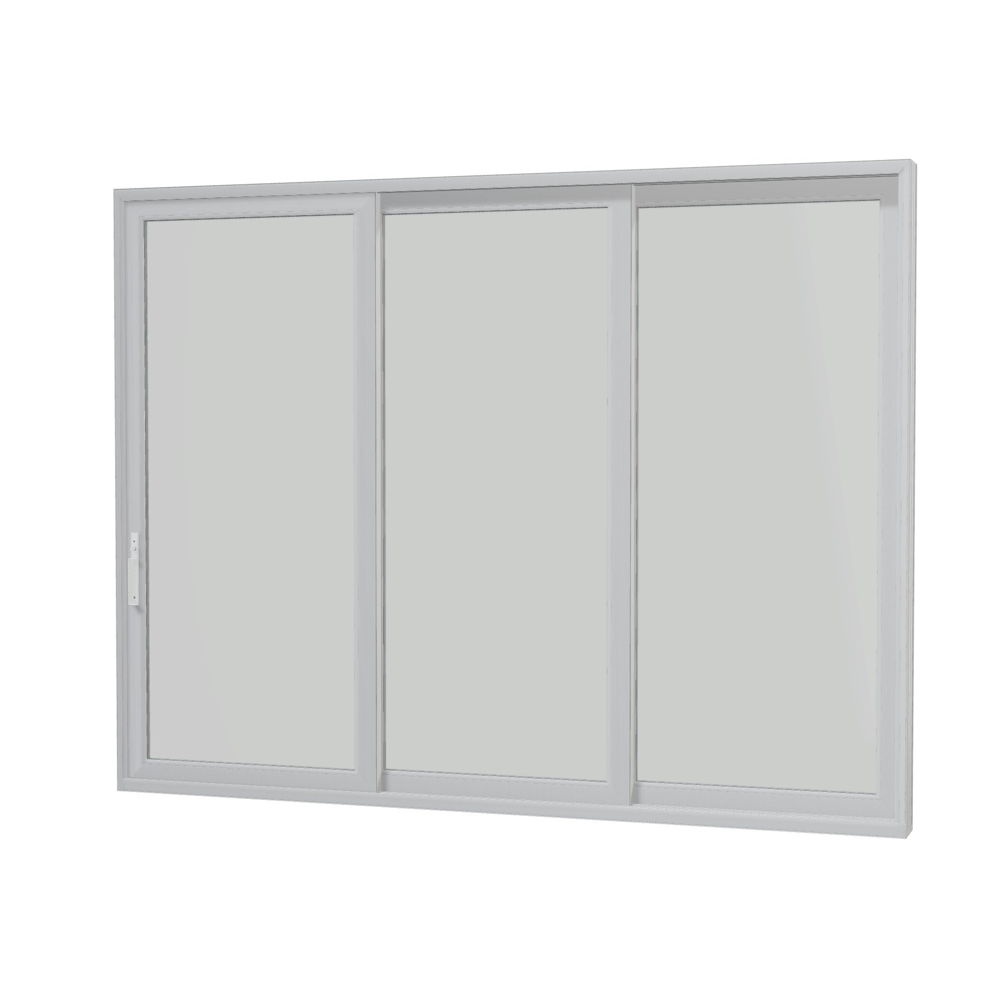 Angled interior view of Aria 139.88 × 107.25 inch 3-Panel OXX Vinyl Sliding Patio Door — White / White