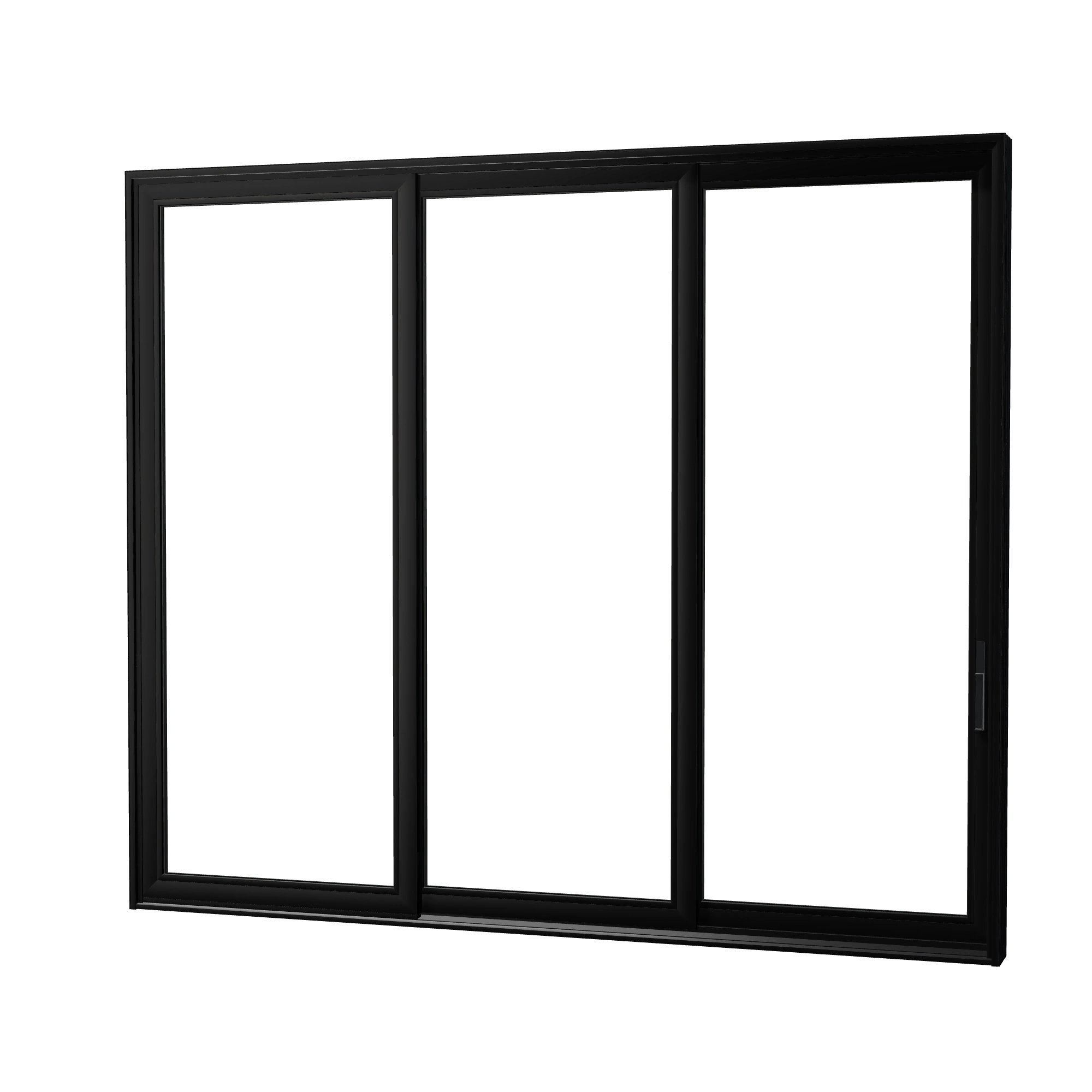 Angled exterior view of Aria 139.88 × 119.25 inch 3-Panel OXX Vinyl Sliding Patio Door — Black / White