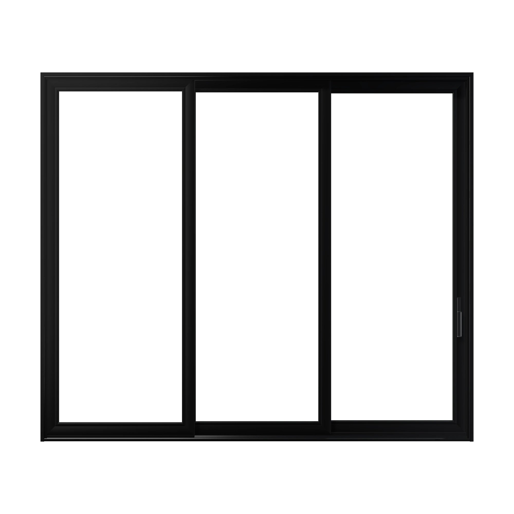 Straight exterior view of Aria 139.88 × 119.25 inch 3-Panel OXX Vinyl Sliding Patio Door — Black / White