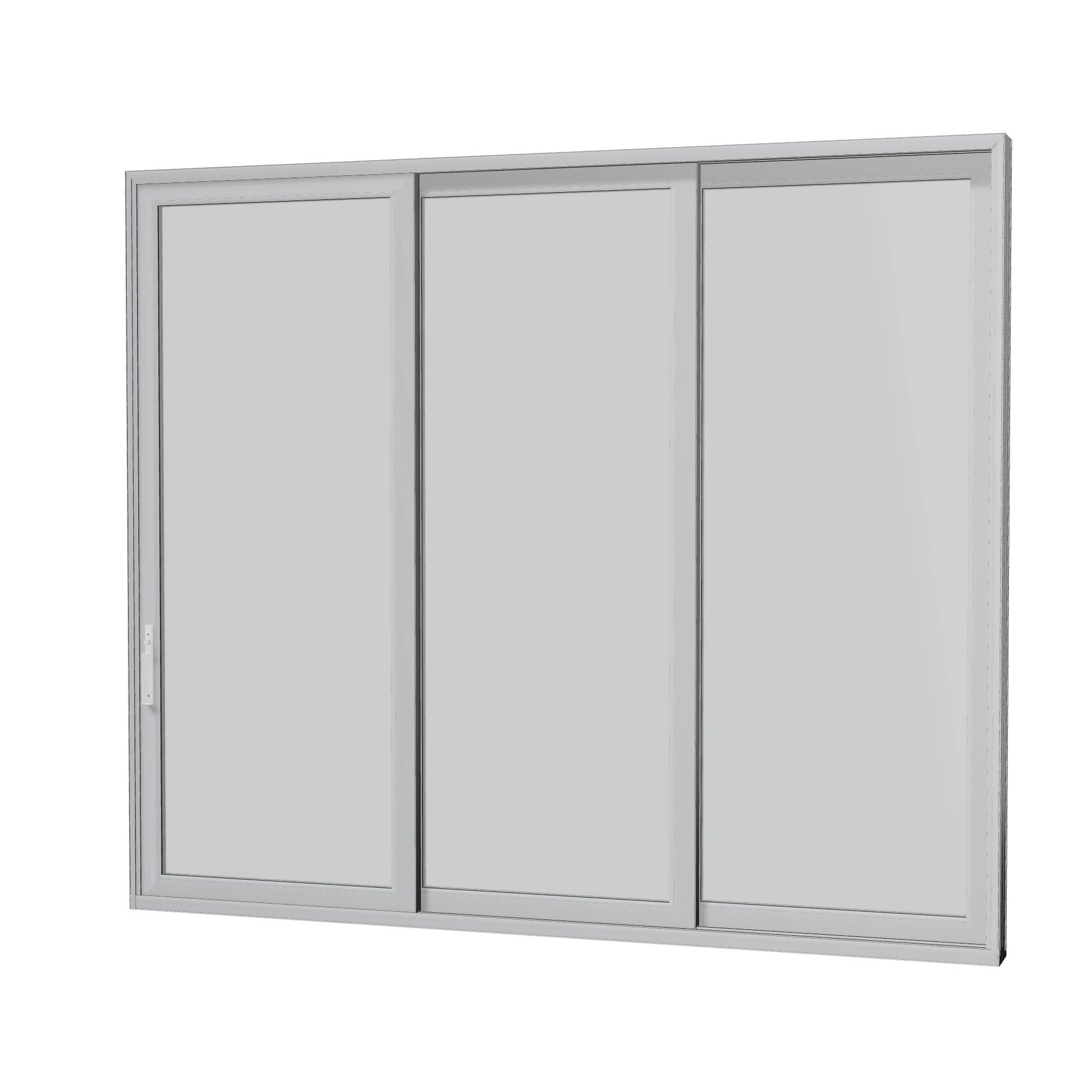 Angled interior view of Aria 139.88 × 119.25 inch 3-Panel OXX Vinyl Sliding Patio Door — Black / White