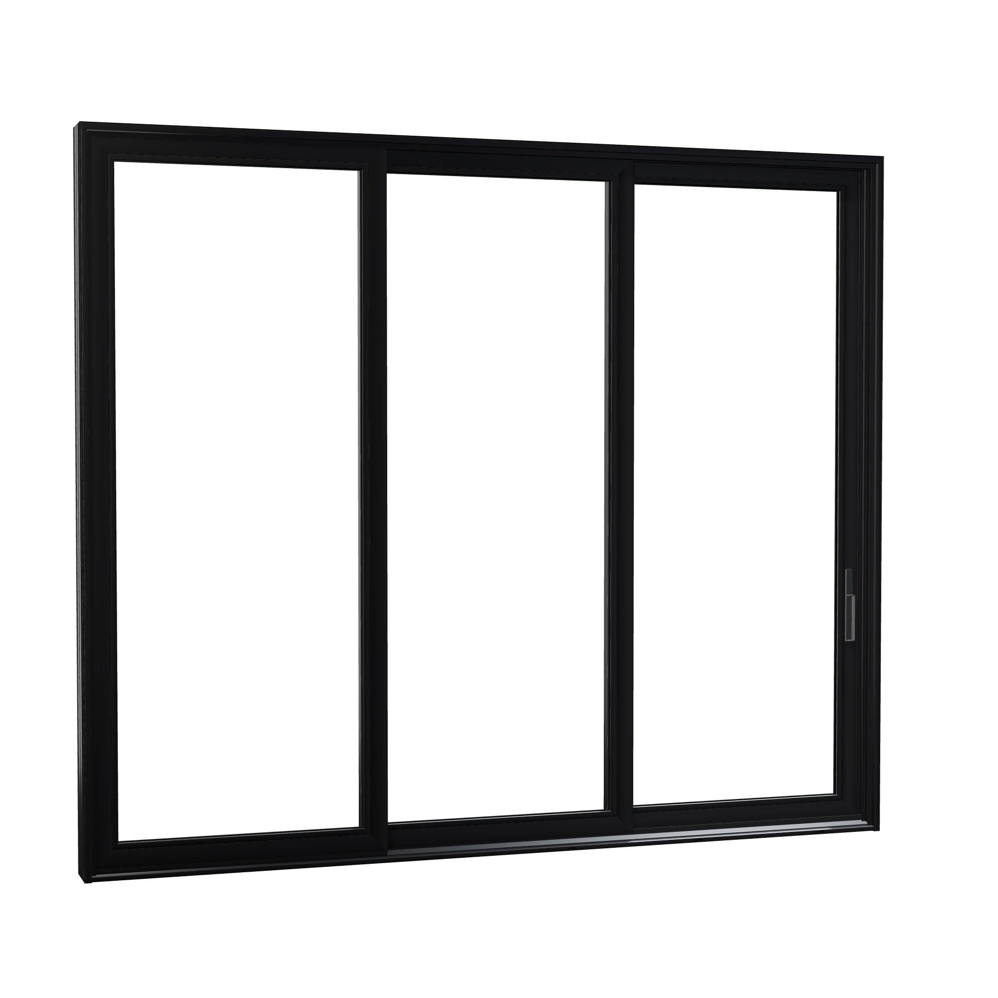 Opposite exterior angle of Aria 139.88 × 119.25 inch 3-Panel OXX Vinyl Sliding Patio Door — Black / White