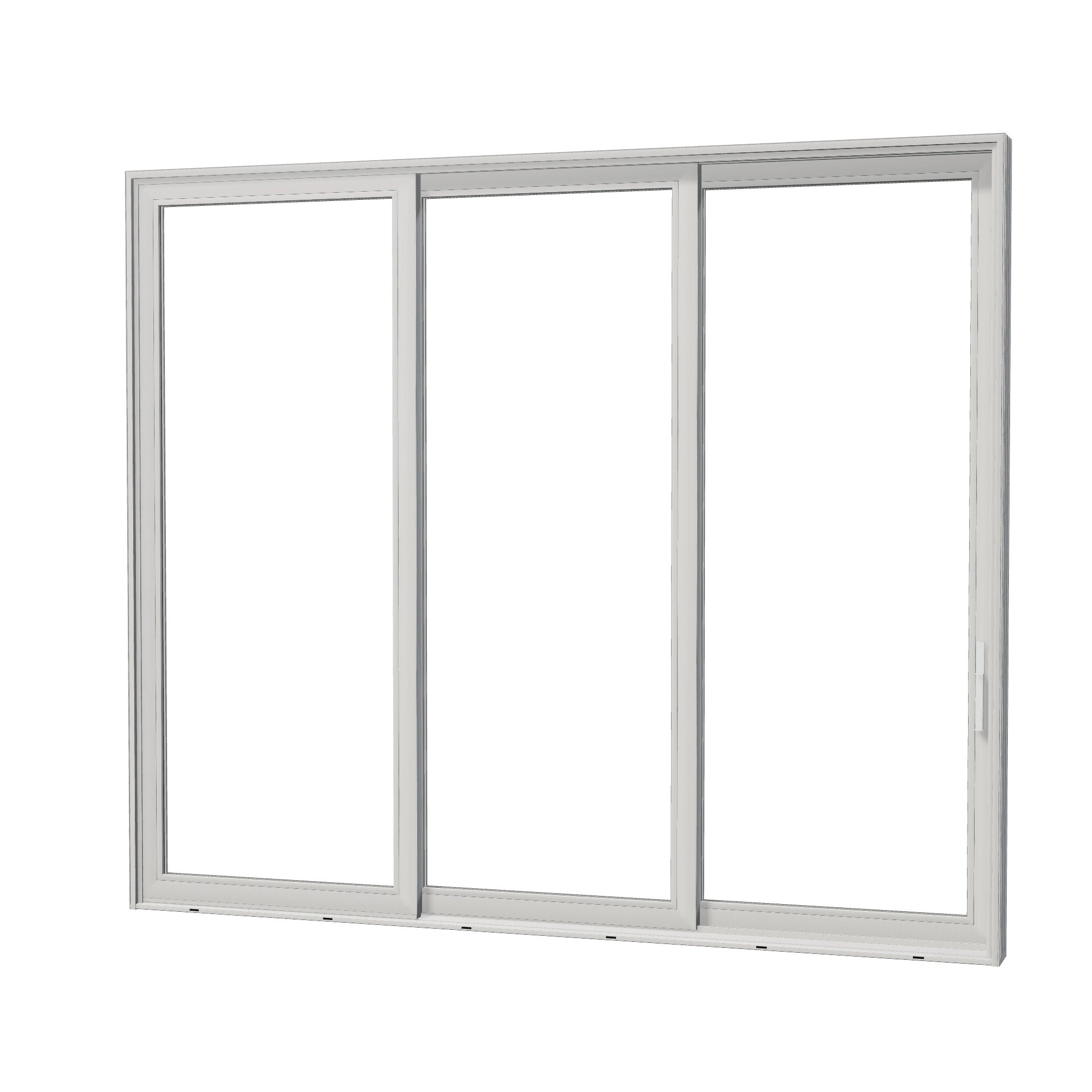 Angled exterior view of Aria 139.88 × 119.25 inch 3-Panel OXX Vinyl Sliding Patio Door — White / White
